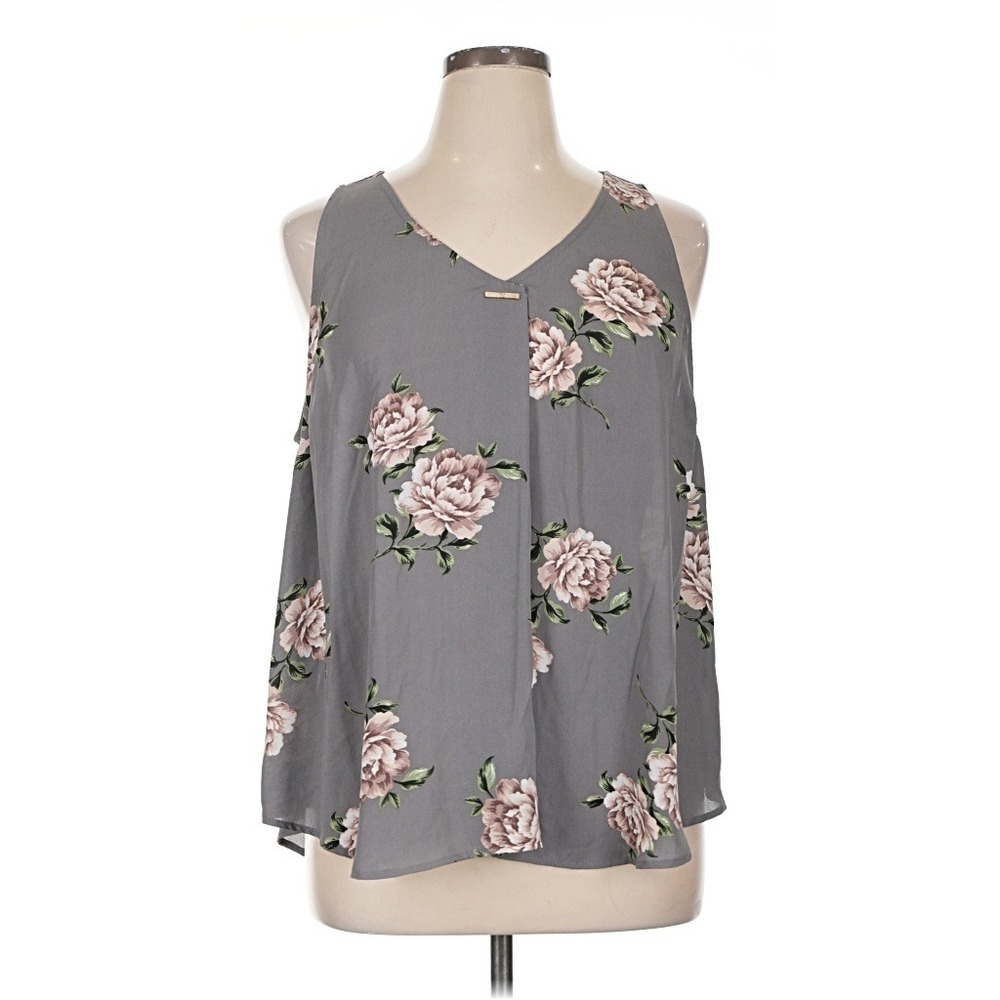 Torrid Grey Pink Floral Georgette V-Neck Pleated Sleeveless Blouse Plus Size 1